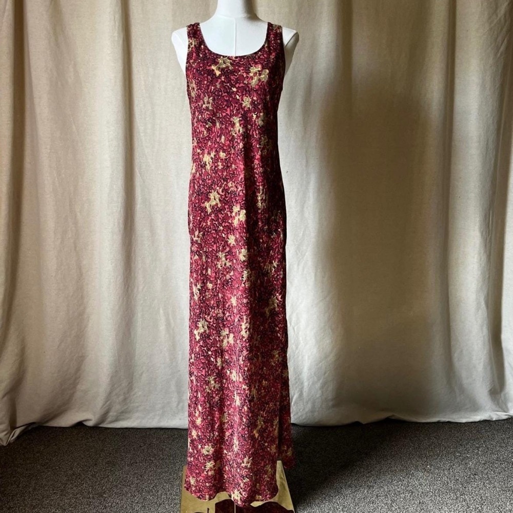 Vintage Harari Silk Abstract Print Maxi Dress 90s Red Bias Cut Slip Dress M